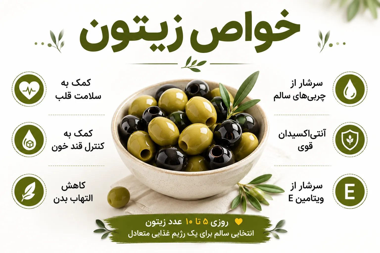 خواص زیتون؛ ۱۵ فایده شگفتانگیز زیتون برای سلامتی 10 خواص خوردن زیتون